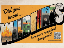 Postcard image containing the text "Did you know wildfires burn more rangeland than forest?" with QR code